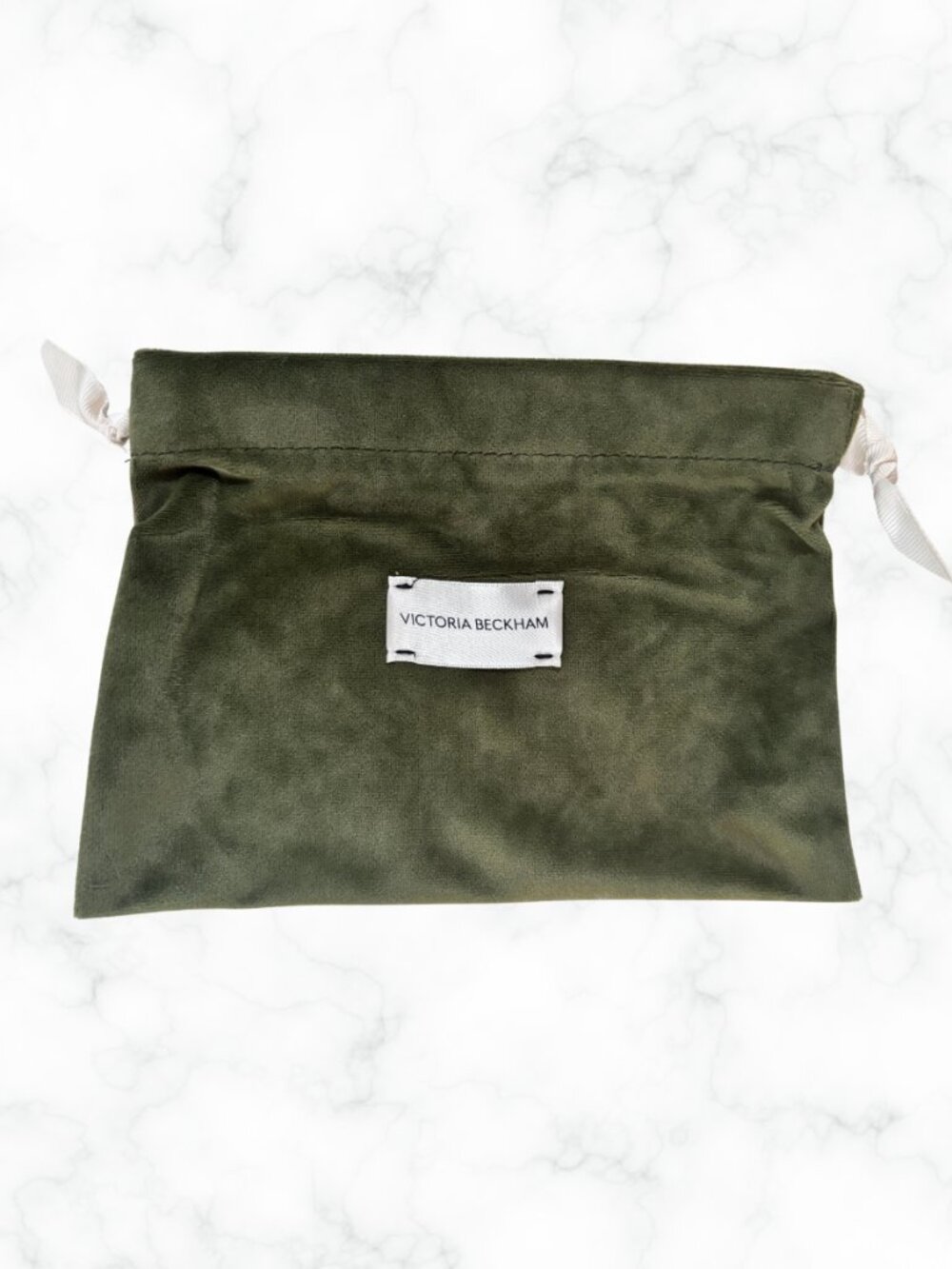 NWOT | VICTORIA BECKHAM Olive Velvet Drawstring Bag Clutch with Cream Straps